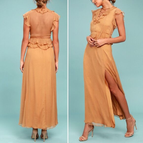 NWT New Friends Colony Maya Tan Chiffon Ruffled Lace-Up Maxi Dress Size Medium - Picture 1 of 13